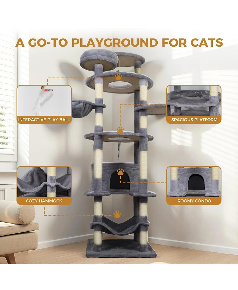 Streamdale Furniture 78.8" Cat Tree Tower with Large Condo, Hammock, and Sisal Posts