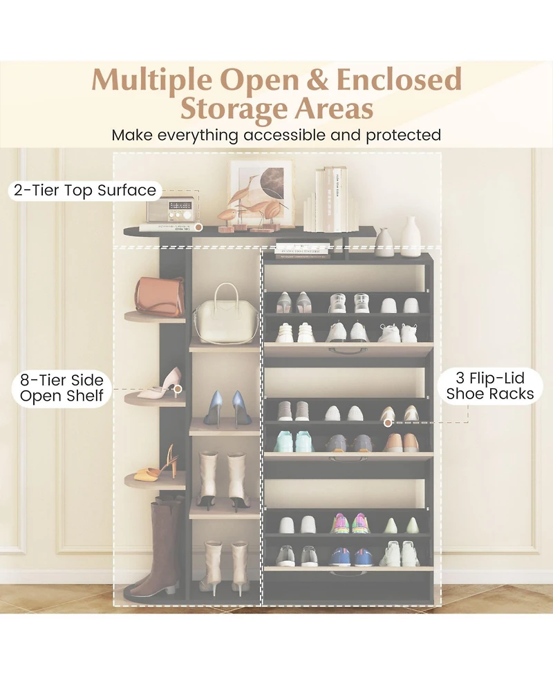Slickblue Modern Shoe Cabinet with 3 Flip Drawers and Open Shelves