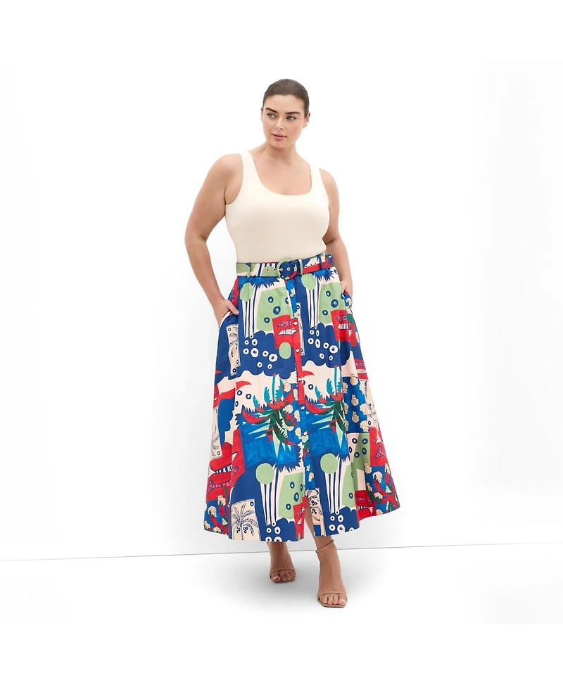 City Chic Women's Plus Elysia Marine Print Belted Cotton Skirt