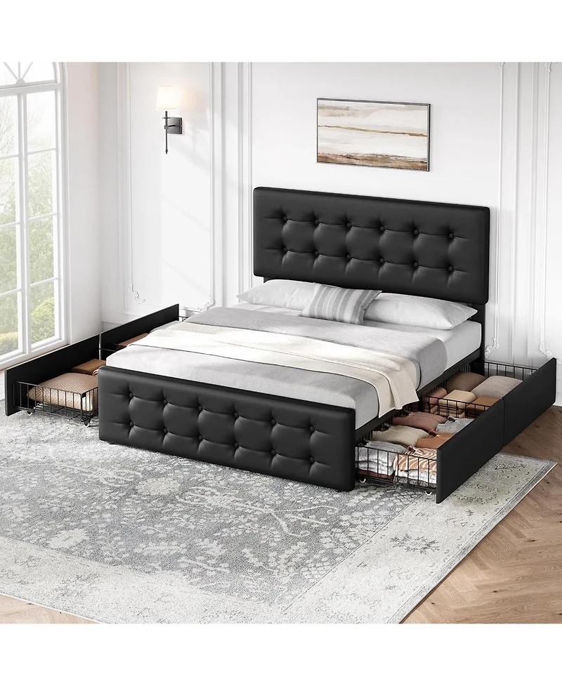 gaomon Queen Size Bed Frame with 4 Storage Drawers and Headboard, Faux Leather Upholstered Platform Bed Frame with Wooden Slats Support