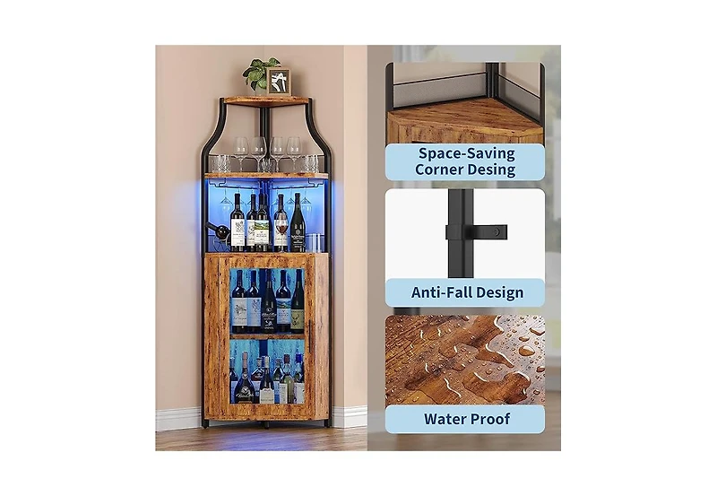 homfan Corner Bar Cabinet, Wine Cabinet with Adjustable Shelf and Glass Holder, 5-Tiers Storage Space Liquor