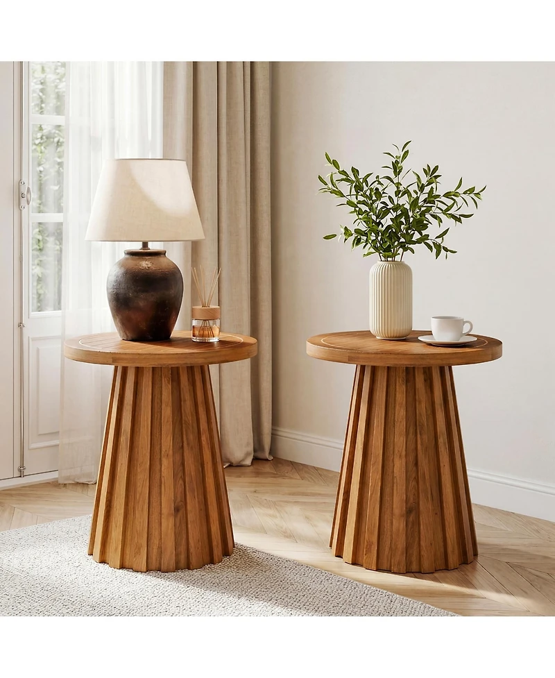 Tribesigns Round Side Table, Solid Wood End Table with Fluted Base, Modern Rustic Night Stand for Living Room, Bedroom, Small Space