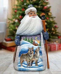G.DeBrekht Woodcarved and Hand Painted Santa Wolf and Bird Figurine