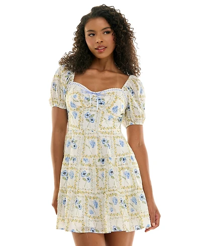 Kingston Grey Juniors' Sweetheart-Neck Puff-Sleeve Mini Dress