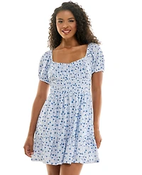 Kingston Grey Juniors' Floral Print Eyelet Puff-Sleeve Mini Dress
