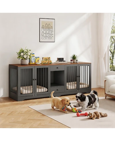 Multi-Functional Dog Crate for Medium Large Dogs 83'' Indoor Wooden Kennel with 4 Doors, 2 Drawers, Secure Locks Decorative Cage Living Room