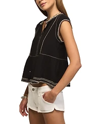 Lucky Brand Women's V-Neck Contrast Embroidered Ruffle Top
