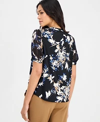 Anne Klein Essentials Petite Floral Split-Neck 3/4-Sleeve Blouse