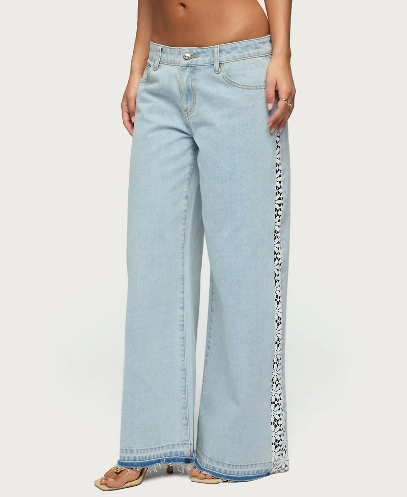 Edikted Women's Crochet Panel Low Rise Wide Leg Jeans