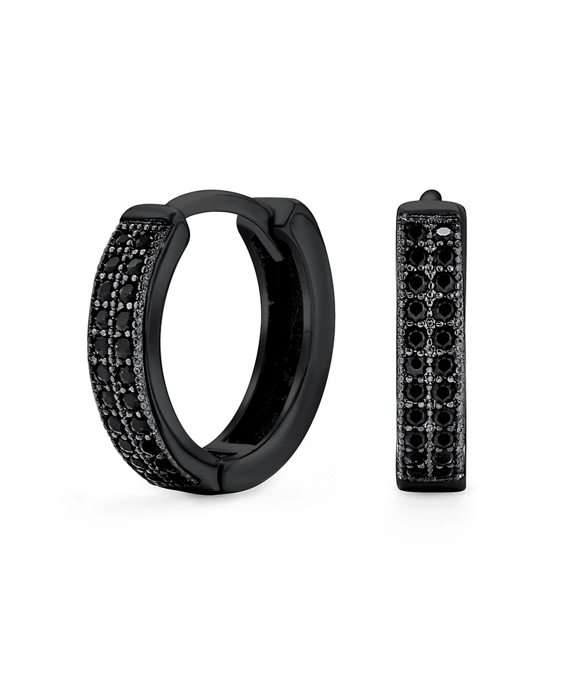 Bling Jewelry Black Pave Cz Cubic Zirconia Micro 2 Row Huggie Hoop Earrings Ip Sterling Silver .30 Diameter