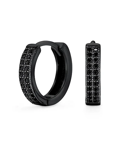 Bling Jewelry Black Pave Cz Cubic Zirconia Micro 2 Row Huggie Hoop Earrings Ip Sterling Silver .30 Diameter