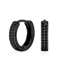 Bling Jewelry Black Pave Cz Cubic Zirconia Micro 2 Row Huggie Hoop Earrings Ip Sterling Silver .30 Diameter