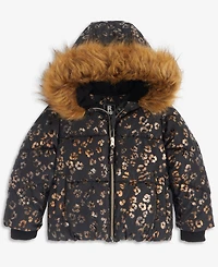 S Rothschild & Co Toddler Girls' 2T-6X Leopard Foil Puffer Coat With Faux-Fur Trim