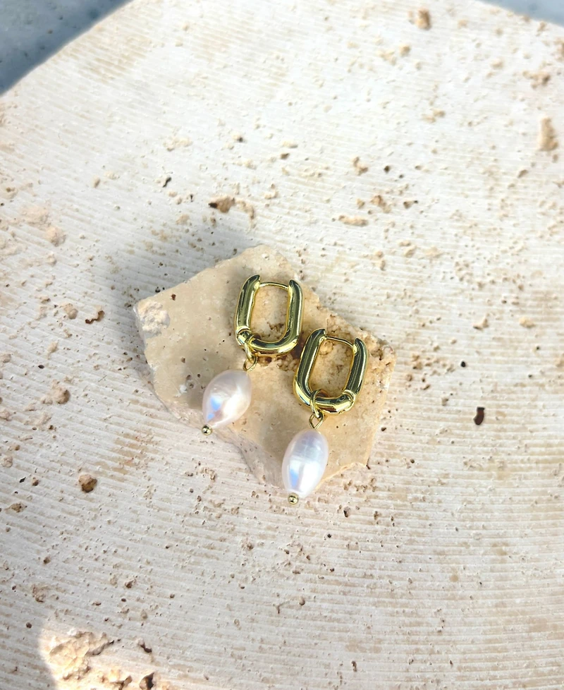 Adornia Gold Natural Freshwater Imitation Pearl Detachable Rectangle Huggie Hoops