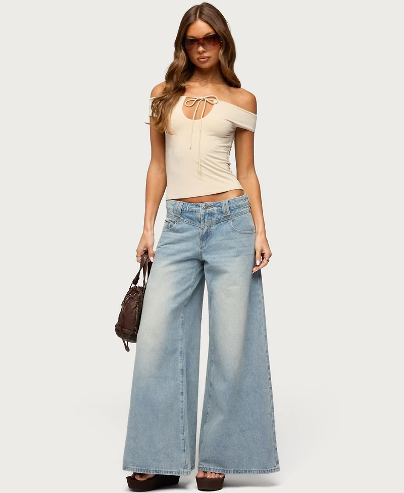 Edikted Women's Stitched Low Rise Wide Leg Jeans