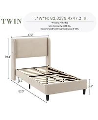 homfan Wingback Upholstered Bed Frame, Vertical Striped Velvet Design, Dual Side Storage Pockets, Wooden Slat Support, No Spring Required