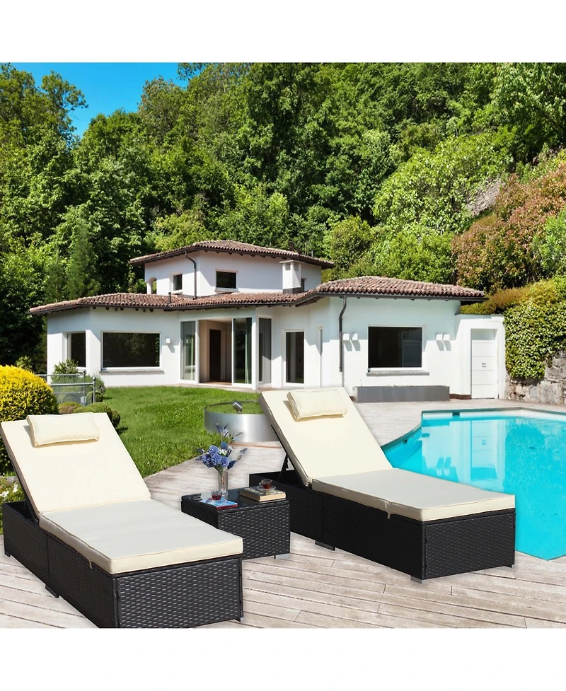 Clihome 3-Piece Outdoor Patio Furniture Set - 2 Adjustable Rattan Chaise Lounges with Cushions and Tempered Glass Coffee Table