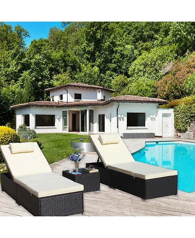Clihome 3-Piece Outdoor Patio Furniture Set - 2 Adjustable Rattan Chaise Lounges with Cushions and Tempered Glass Coffee Table