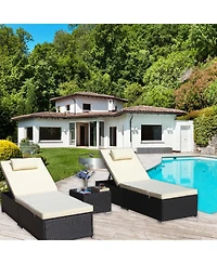 Clihome 3-Piece Outdoor Patio Furniture Set - 2 Adjustable Rattan Chaise Lounges with Cushions and Tempered Glass Coffee Table