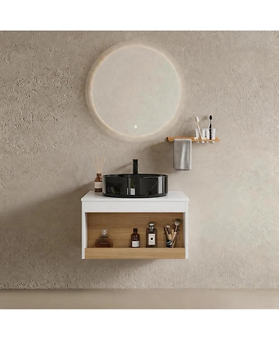 Sillysis Wall Mounted Bathroom Vanity with Marble Vessel Sink, Floating Plywood Cabinet, Open Storage for Small Spaces