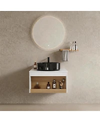 Sillysis Wall Mounted Bathroom Vanity with Marble Vessel Sink, Floating Plywood Cabinet, Open Storage for Small Spaces