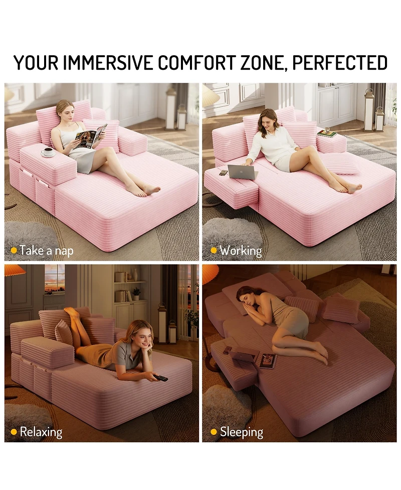Clihome Luxurious Plush Corduroy Chaise Lounge with 3 Pillows, Convertible Sofa Bed Storage Pocket for Small Spaces, Living Room