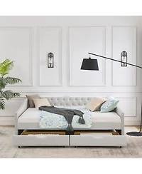 Clihome Queen Daybed with Drawers Upholstered Tufted Sofa Bed,with Button on Back and Copper Nail Waved Shape