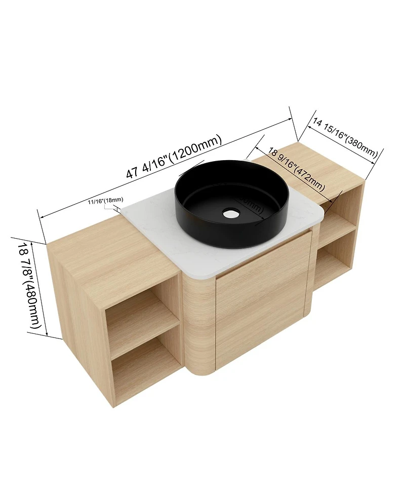 Sillysis Wall Mounted Bathroom Vanity with Ceramic Vessel Sink, Stone Top and Storage Shelves for Modern Bathrooms