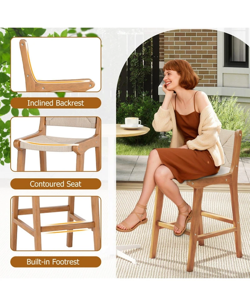 Gouun Set of 4 Counter Height Bar Stools with Hand-Woven Paper Rope Seat and Teak Wood Frame