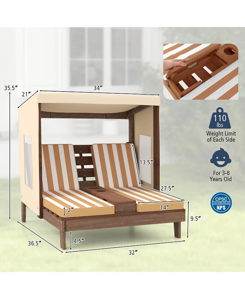 Sugift Kids Double Patio Lounge Chair with Detachable Canopy and Cup Holders, 37 x 33.5 in