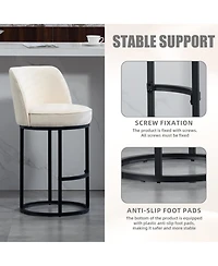 Rainsken Modern Barrel Bar Stools Set of 2 Linen Fabric Upholstered Counter Height Chairs with Back and Footrest for Kitchen Island