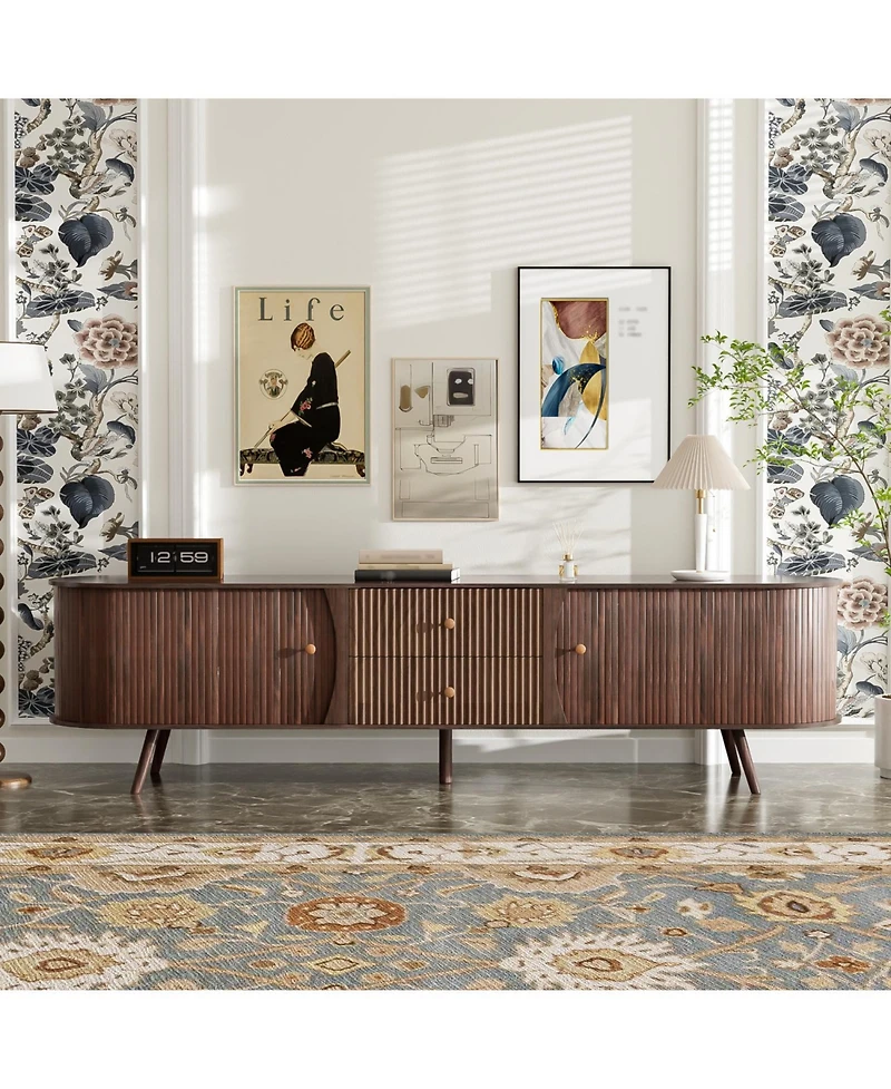 Rainsken 70inch Fluted Tv Stand for TVs Up to 80inch, with Tambour Doors, Fluted Drawers, Modern Curved Media Console, for Living Room, Bedroom