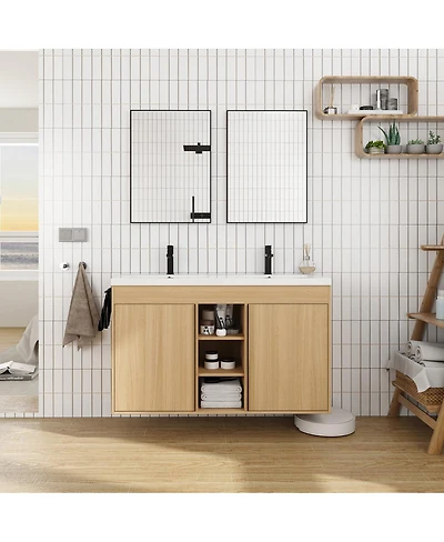 Sillysis 47.6 Inch Freestanding Double Sink Bathroom Vanity with Soft Close Doors, Open Shelves and Storage Boxes, Modern Plywood Cabinet