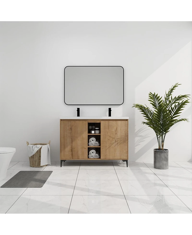 Sillysis 47.6 Inch Freestanding Double Sink Bathroom Vanity with Resin Basin, Adjustable Shelves and Open Storage, Modern Design