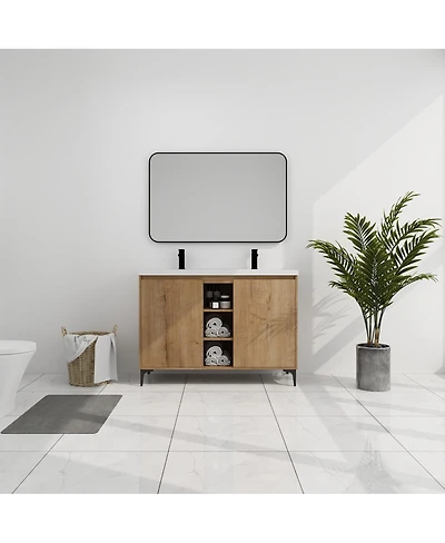 Sillysis 47.6 Inch Freestanding Double Sink Bathroom Vanity with Resin Basin, Adjustable Shelves and Open Storage, Modern Design
