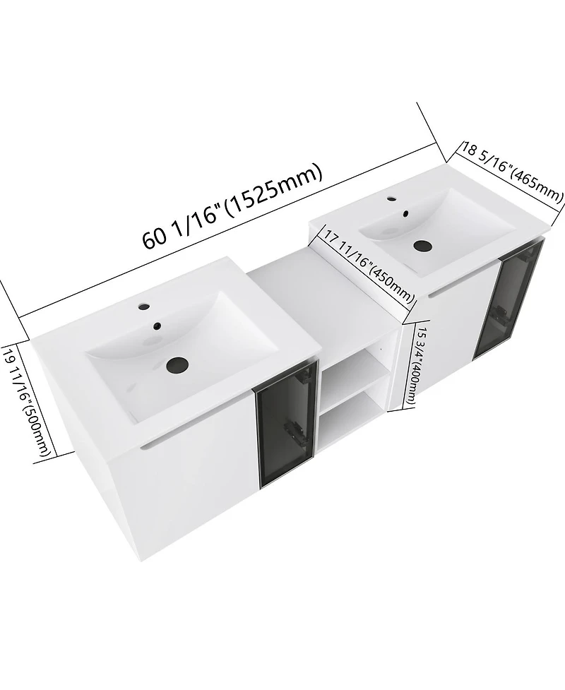 Sillysis Double Sink Wall Mounted Bathroom Vanity with Ceramic Basin, Modern Floating Plywood Cabinet