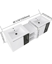 Sillysis Double Sink Wall Mounted Bathroom Vanity with Ceramic Basin, Modern Floating Plywood Cabinet