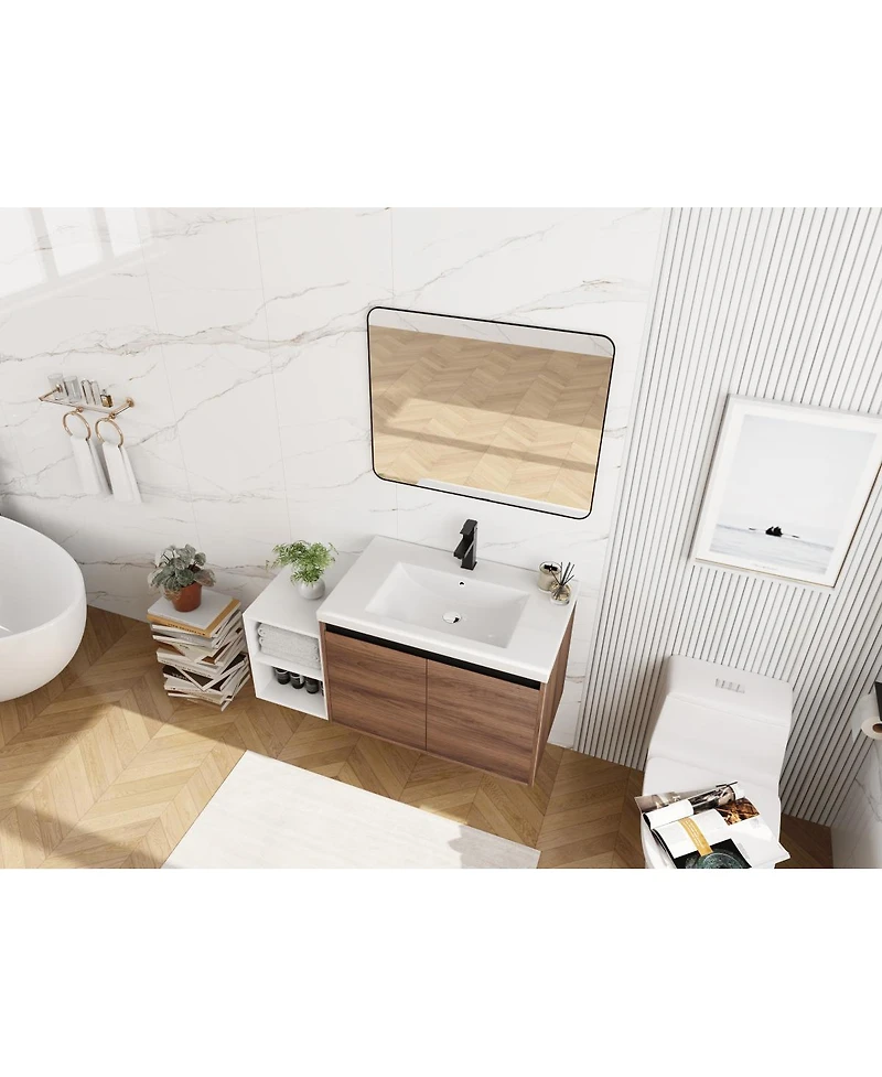 Sillysis Wall Mounted Bathroom Vanity with Resin Sink and Open Storage Shelves for Modern Small Bathrooms