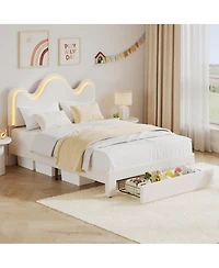 homfan Led Upholstered Platform Bed, Adjustable Petal Headboard, Storage Drawer, Boucle Lamb Fleece, Wood Slats