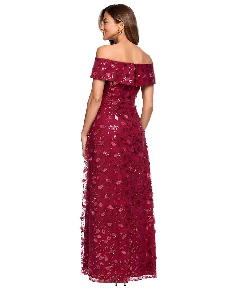 Xscape Petite 3D Embellished Mesh Off-The-Shoulder Ball Gown