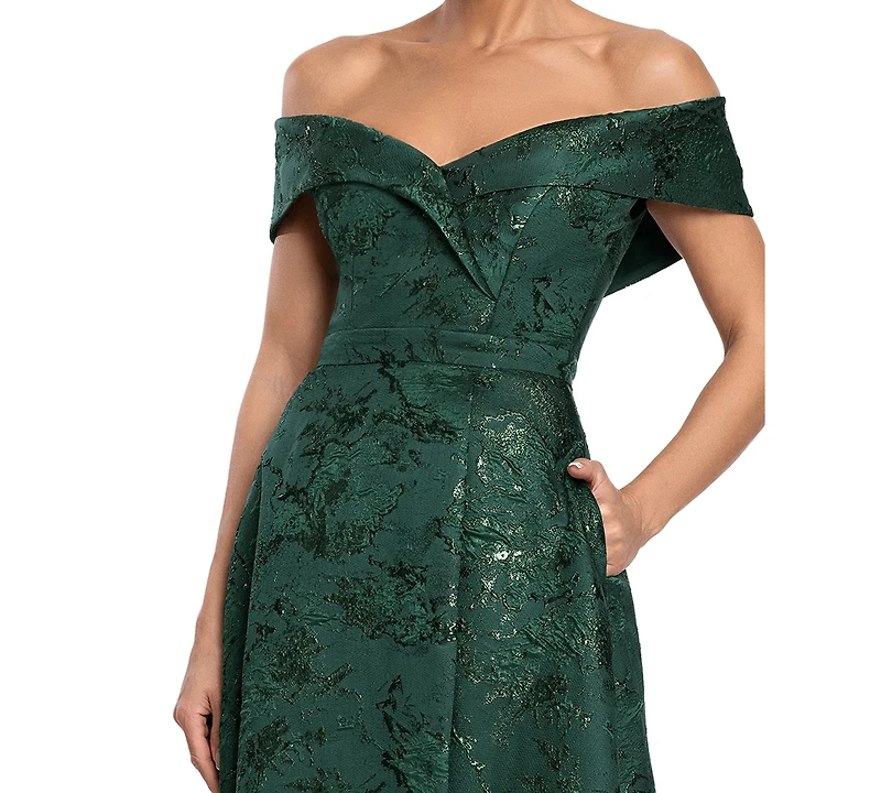 Xscape Petite Off-The-Shoulder Brocade Print Ball Gown