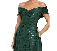 Xscape Petite Off-The-Shoulder Brocade Print Ball Gown