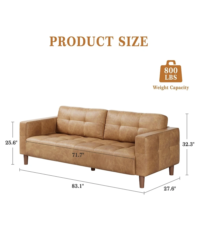 homfan 3-Seater Sofa, 83" Wide Faux Leather Sofa with Spring Cushion, Modern Sofa with Deep Seats and 2 Removable Back Cushions for Living Room