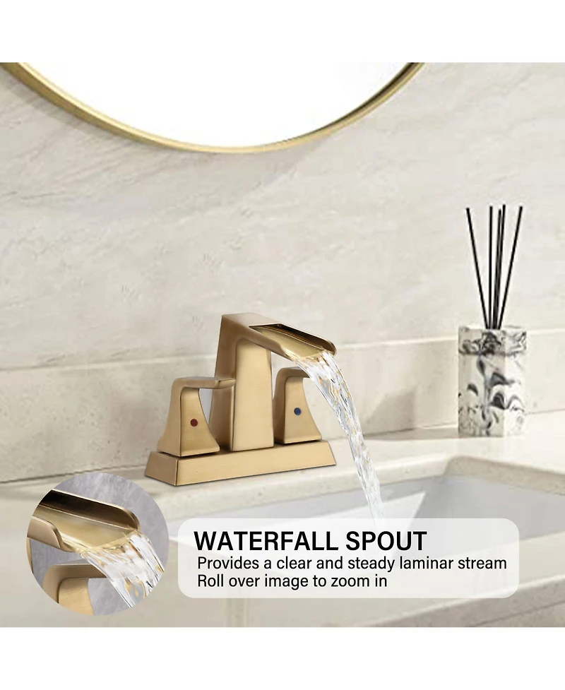 Midola Two Handle 4 Inch Centerset Waterfall Bathroom Sink Faucet, Brushed Golden