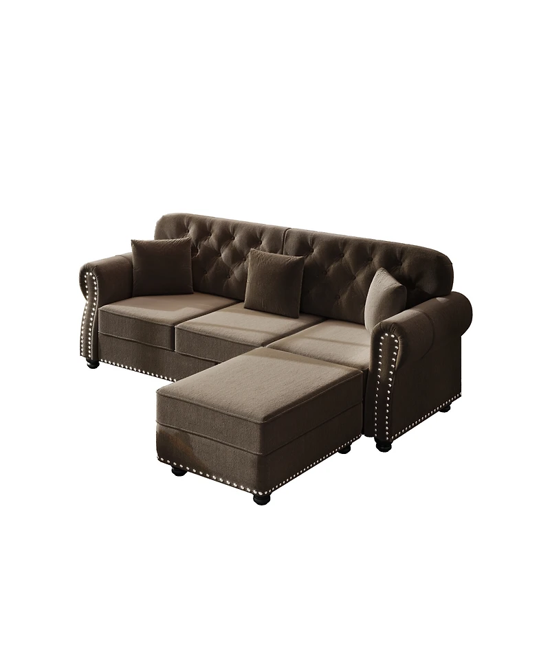 Streamdale Furniture 82.6'' Velvet Chesterfield Sofa with Nailhead Trim and 3 Pillows Brown