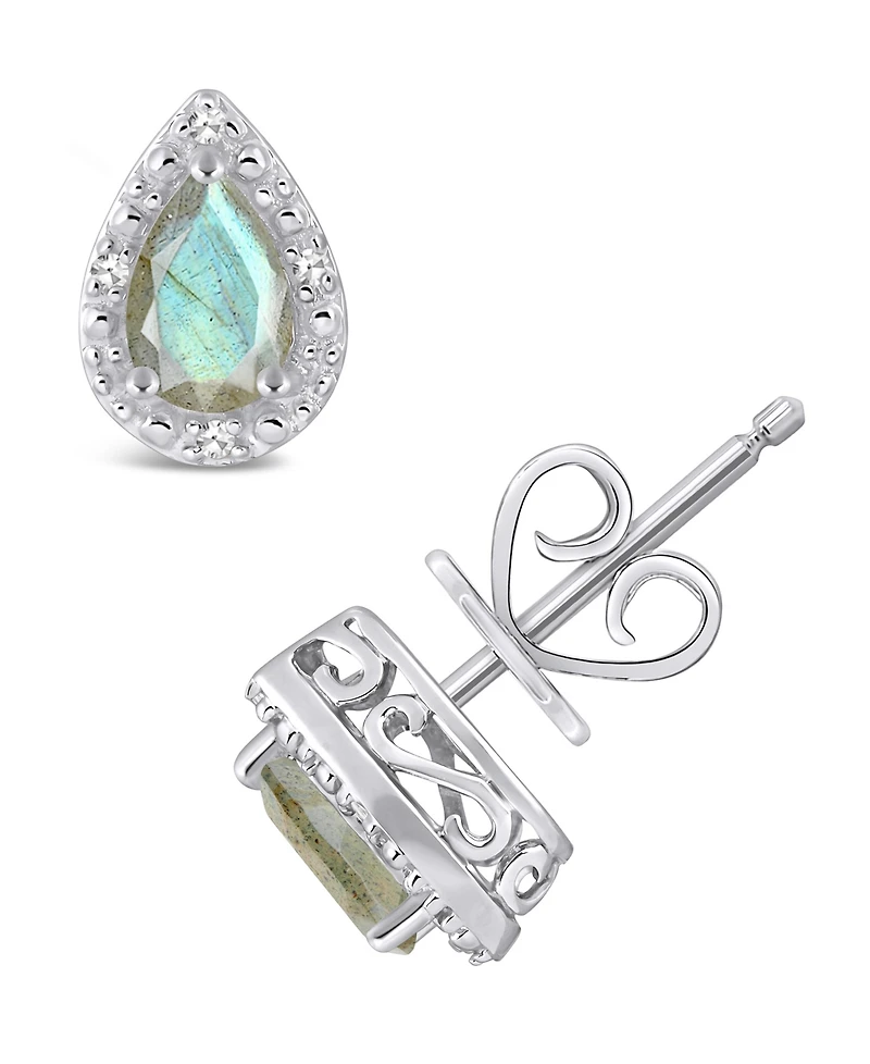 Onyx & Diamond Accent Pear Stud Earrings Sterling Silver (Also Turquoise Labradorite)