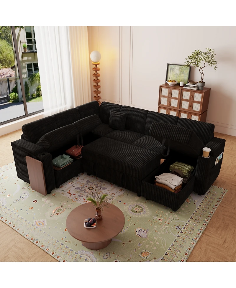 Streamdale Furniture 100'' U-Shaped Corduroy Sofa Bed with Usb Storage and Cup Holders