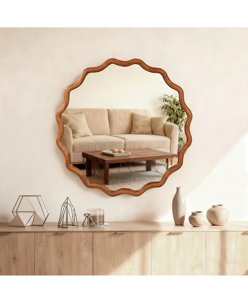 Midola 30-inch Wavy Round Solid Wood Frame Decorative Mirror, For Bedroom, Bathroom, Living Room, Entryway