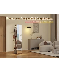 Midola 360 Degree Rotating Multifunctional Full-Length Floor Mirror with Coat Rack and Hook Storage, Solid Wood Frame for Bedroom and Living Room