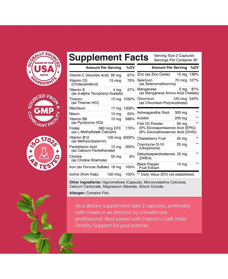Nature's Craft Female Fertility and Prenatal Support Supplement with CoQ10, Folate, Chasteberry and Inositol 60 Count
